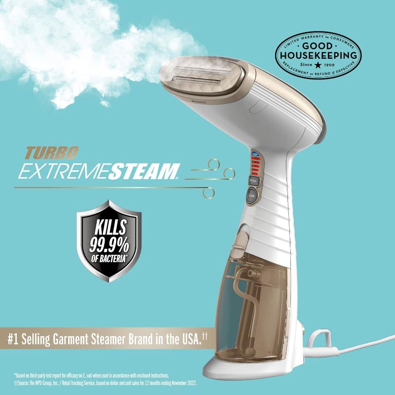 Photo 1 of 
Conair Handheld Garment Steamer for Clothes, Turbo ExtremeSteam 1875W, Portable Handheld Design, Strong Penetrating Steam, White / Champagne