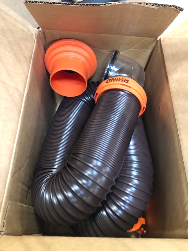 Photo 3 of Camco RhinoFLEX RV Sewer Hose Kit with Swivel Transparent Elbow and 4-in-1 Dump Station Fitting, Brown, 15 Feet (39770) 15ft Sewer Hose Kit Frustration-Free Packaging