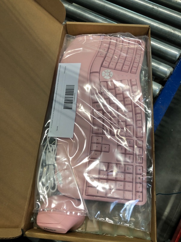 Photo 1 of MEETION Ergonomic Wireless Keyboard and Mouse, Ergo Keyboard with Vertical Mouse, Split Keyboard with Cushioned Wrist Palm Rest Natural Typing Rechargeable Full Size, Windows/Mac/Computer/Laptop, Pink Large Pink