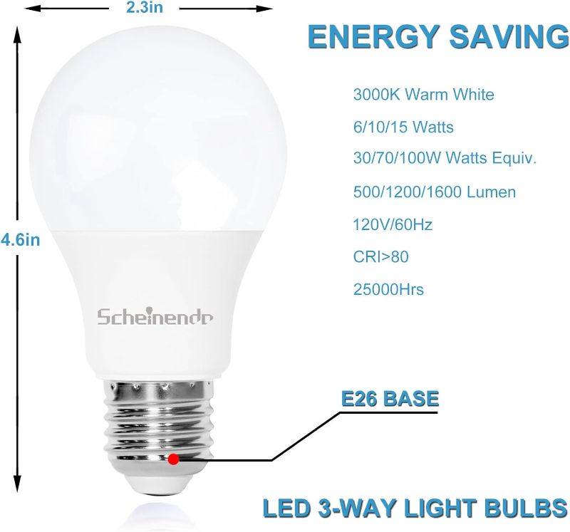 Photo 1 of  3-Way Light Bulbs 30 70 100 Watt Equivalent, Perfect for Reading, Standard A19 Indoor Led Bulb Warm White 3000K, 15 Watt Energy Efficient Bulb, 1600 Lumens, 2Pac