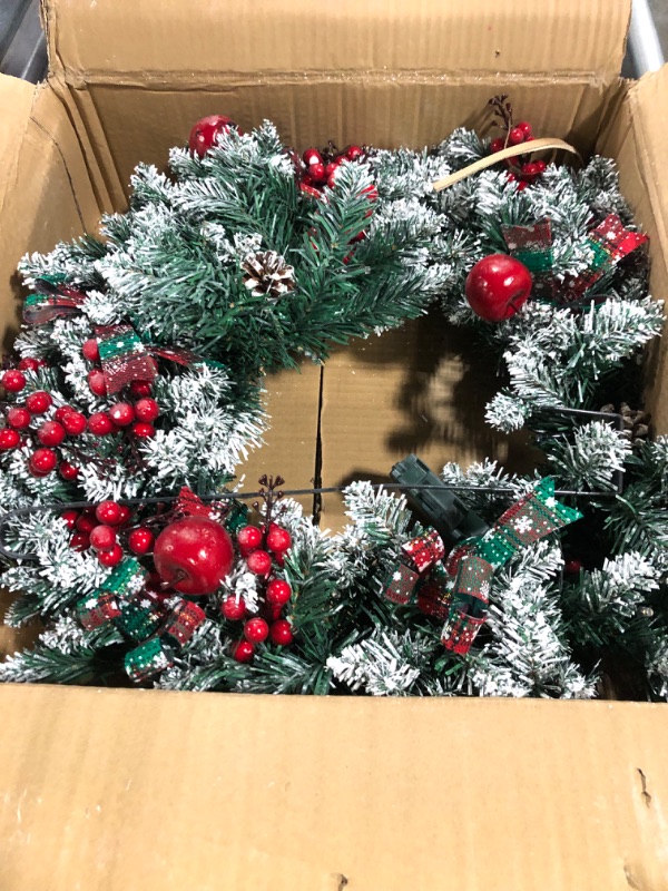 Photo 3 of 24" Snowflake Christmas Wreath with 15" Hanger for Front Door Pre-Lit Artificial Wreath with 50 Battery Operated LED Lights Winter Wreaths with 5 Bowknots,Pine Cones,Red Berries Christmas Decoration