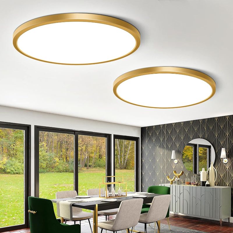 Photo 1 of 12 Inch Gold LED Ceiling Light Flush Mount, 5000K Daylight White Flat LED Ceiling Light, 24W 3200LM, Round Low Profile Gold Ceiling Lights Fixture for Bedroom, Living Room, Dining Room (2 Pack)