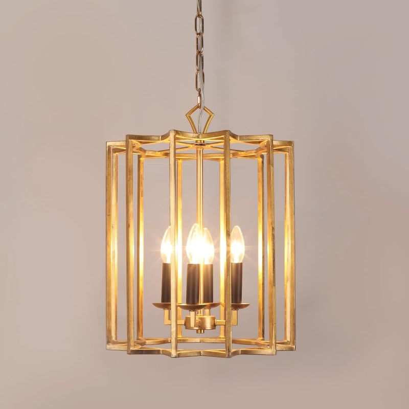Photo 1 of ***FOR PART ONLY***  Lampe House Lueur 4-Light Cage Style Chandelier for Hallway Open Cage Design for Kitchen Island Black Candelabra Style for Living Room, Bedroom, Gold Finish Geometric Chandelier for Farmhouse E12, UL
