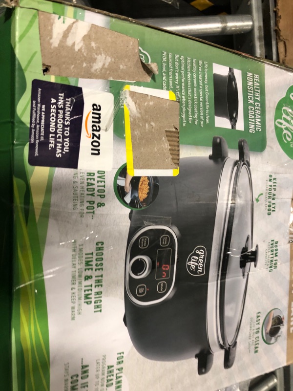 Photo 2 of ***HAVILY DAMAGED BOX*** GreenLife Cook Duo Healthy Ceramic 6QT Slow Cooker, Digital Timer Parts, Black & Healthy Ceramic, 12%22 5QT Square Electric Skillet with Glass Lid, Adjustable Temperature Control, Black
