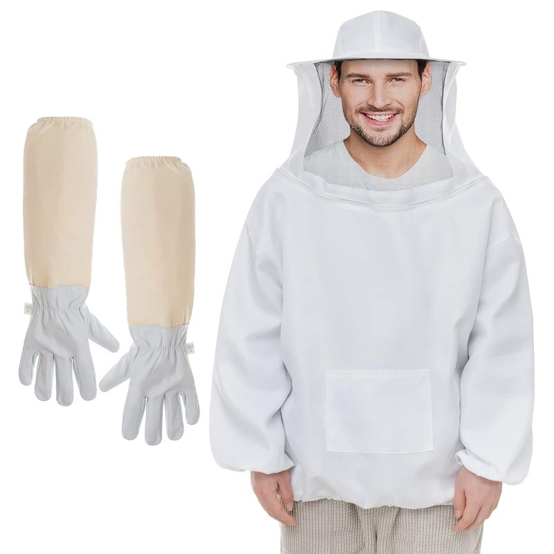 Photo 1 of Professional Beekeeper Jacket with Goatskin Gloves- Premium Beekeeping Suit Jacket Pull Over with Fencing Veil Hood- Bee Jacket Beekeeping Smock Protective Suit for Beginner & Professional Beekeepers