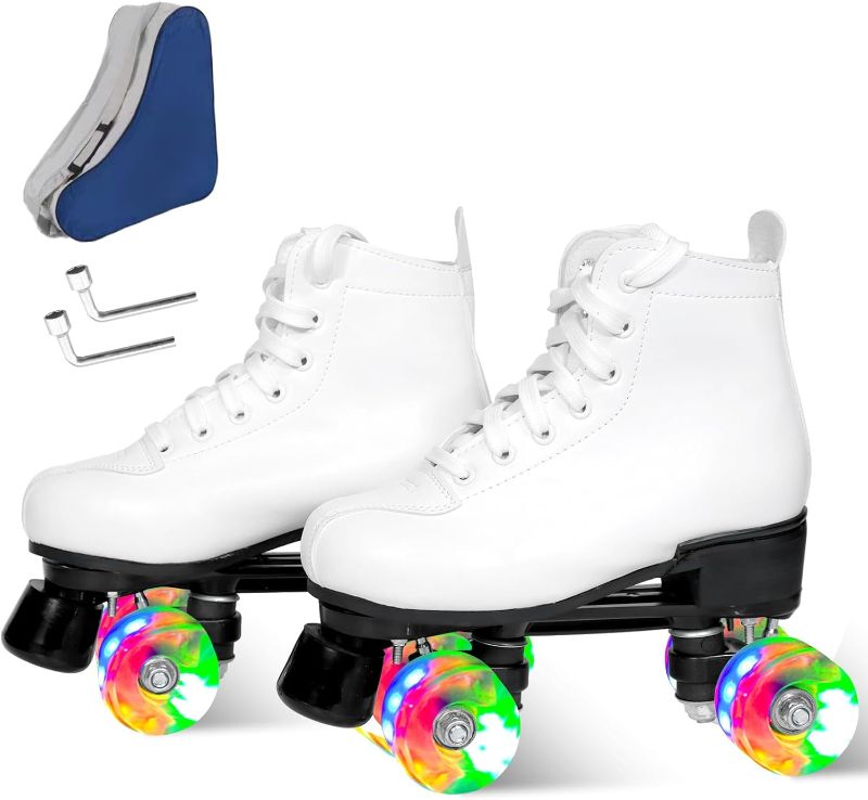 Photo 1 of Wiwiy Roller Skates for Women and Men, Derby Roller Skates for Outdoor Indoor, Adjustable Four Shiny Wheel Roller Skates
