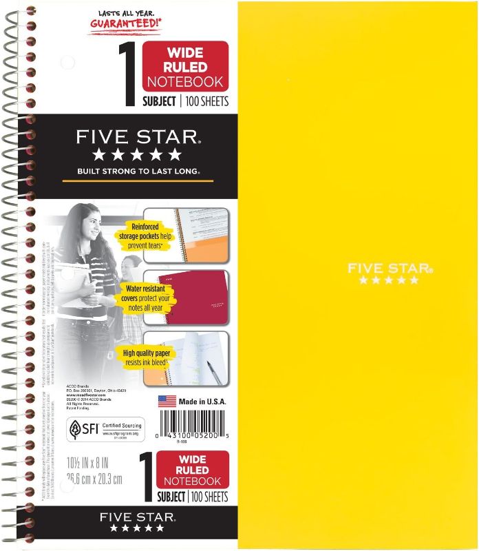 Photo 1 of Five Star Spiral Notebook, 1 Subject, Wide Ruled Paper, 10-1/2" x 8", 100 Sheets, Assorted Colors, Color YELLOW, 1 Count (05200)