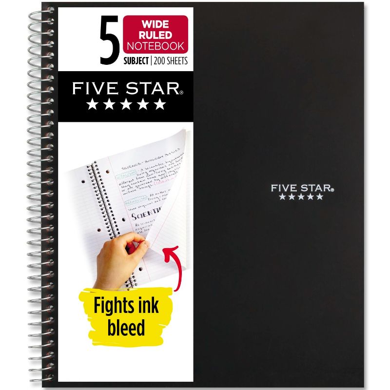 Photo 1 of Five Star Spiral Notebook, 1 Subject, Wide Ruled Paper, 10-1/2" x 8", 100 Sheets, Assorted Colors, Color Black, 1 Count (05200)