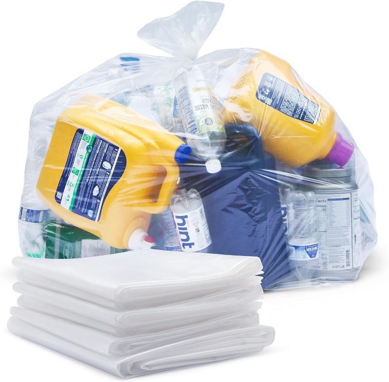 Photo 1 of 65 Gallon Clear Trash Bags, (50 Bags w/Ties) Clear Recycling Plastic Garbage Bags. 60 Gallon, 64 Gallon, 65 Gallon Trash Bags
