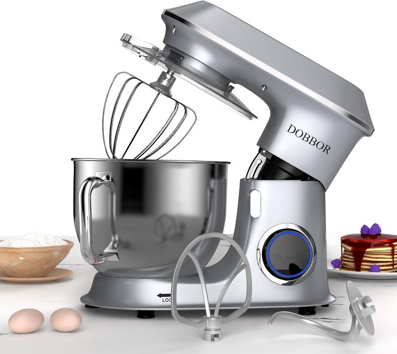 Photo 1 of 9.5QT Stand Mixer, DOBBOR 7 Speeds 660W Electric Kitchen Stand Mixer, Tilt-Head Food Mixer, Home Standing Mixer with Dough Hook, Whisk, Beater, Splash Guard & Mixing Bowl for Baking - SILVER