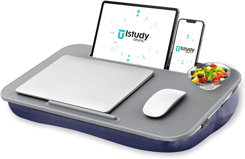 Photo 1 of Lap Desk, Portable Laptop Lap Desk with Pillow Cushion, Fits up to 17 inch Laptop, Laptop Stand with Device Ledge and Phone Holder, for Home Office, Gray, ISTUDYNITURE