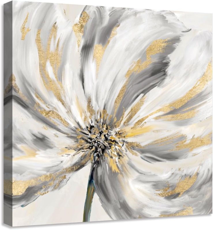 Photo 1 of Abstract Flowers Decor Wall Art White Floral with Gold Gray Picture Canvas Print for Bathroom Bedroom with Framed 12"x12"