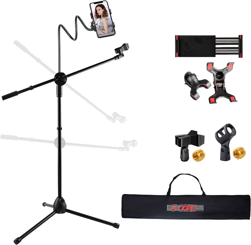 Photo 1 of 5 Core Microphone Stand + Phone Holder Floor Boom Mic Stand Gooseneck + Tablet Holder Collapsible Adjustable Tripod Mic Stand w Two Mic Clips + Carry Bag for Singing Karaoke Studio Parties MS MOB
