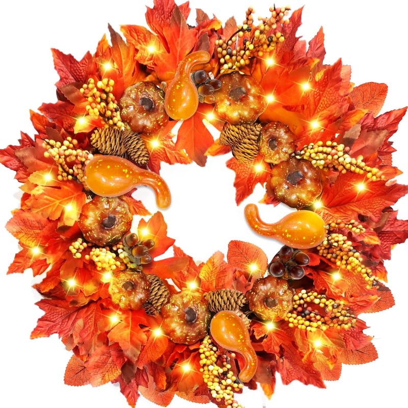 Photo 1 of [Timer] 20 Inch 30 LED Prelit Thick Fall Front Door Wreath Thanksgiving Decorations 3 Styles 97 Maple Leaves 12 Pumpkin 8 Pinecone 12 Acorn Battery Operated Warm Lights Fall Decor Indoor Outdoor
