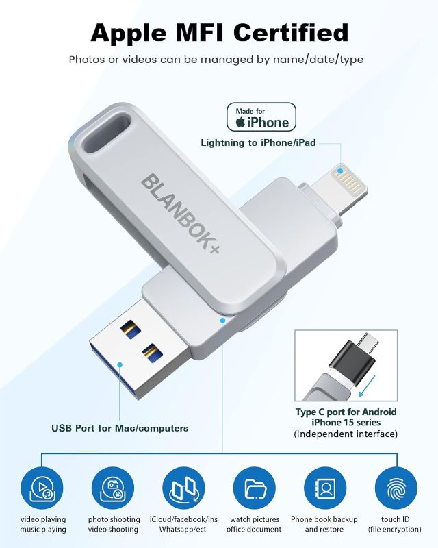 Photo 1 of MFi Certified 128GB Photo Stick for iPhone Flash Drive,USB Memory Stick Thumb Drives High Speed USB Stick External Storage Compatible for iPhone/iPad/Android/PC not exact as picture 
