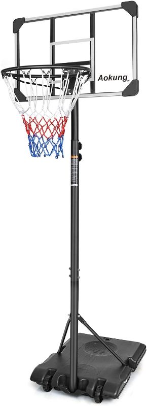 Photo 1 of AOKUNG Teenagers Youth Height Adjustable 5.6 to 7ft Basketball Hoop 28 Inch Backboard Portable Basketball Goal System with Stable Base and Wheels, use for Indoor Outdoor
