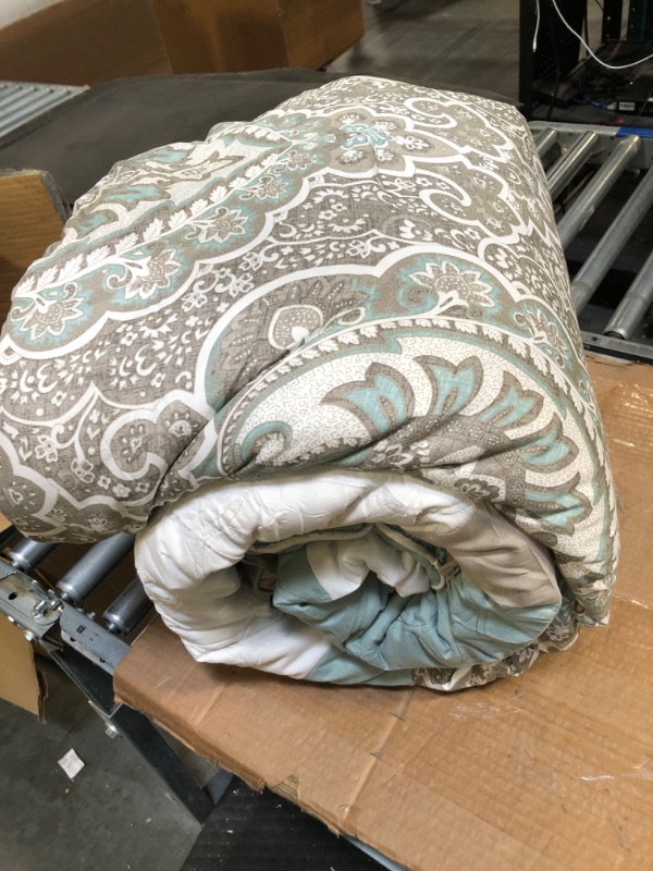 Photo 3 of 510 DESIGN Luxe Quilted Comforter Set Modern Transitional Design, All Season Down Alternative Warm Bedding Matching Shams, Bedskirt, Decorative Pillow, King, Shawnee Scrollwork Seafoam Scrollwork Seafoam King