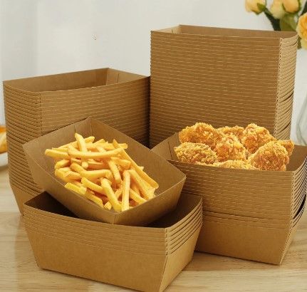 Photo 1 of 100Pcs Kraft Brown Paper Food Trays Oil Proof Food Snack Boat Christmas Birthday Party Supplies Baking Pans Kitchen Gadgets