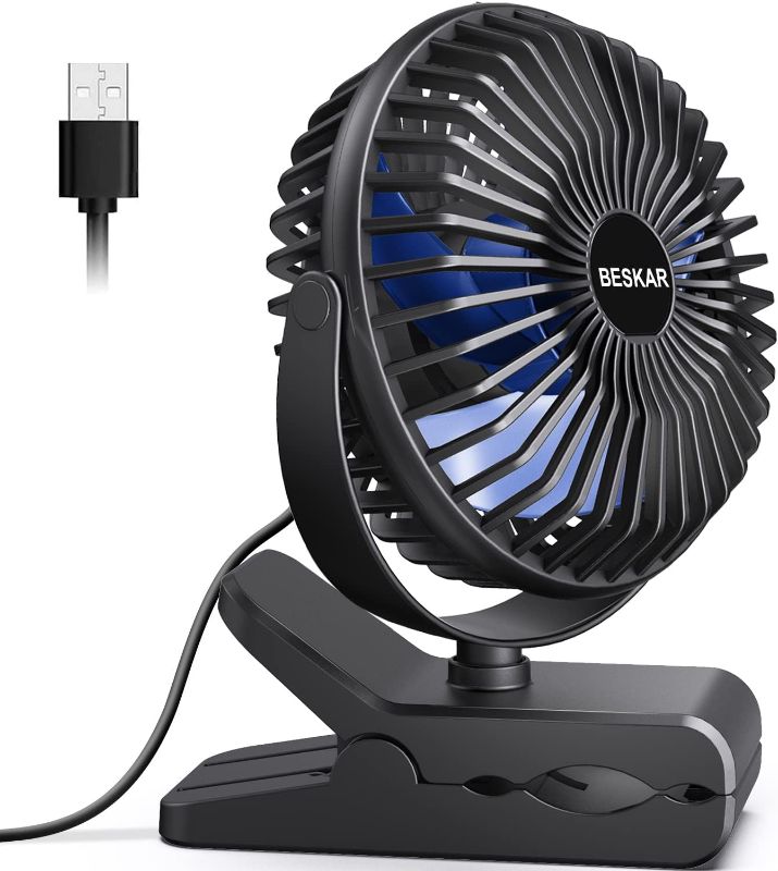 Photo 1 of BESKAR USB Clip on Fan, Portable Small Fan with Cord Powered, 3 Speeds Strong Airflow, with Sturdy Clamp, Quiet Personal Desk Fan
