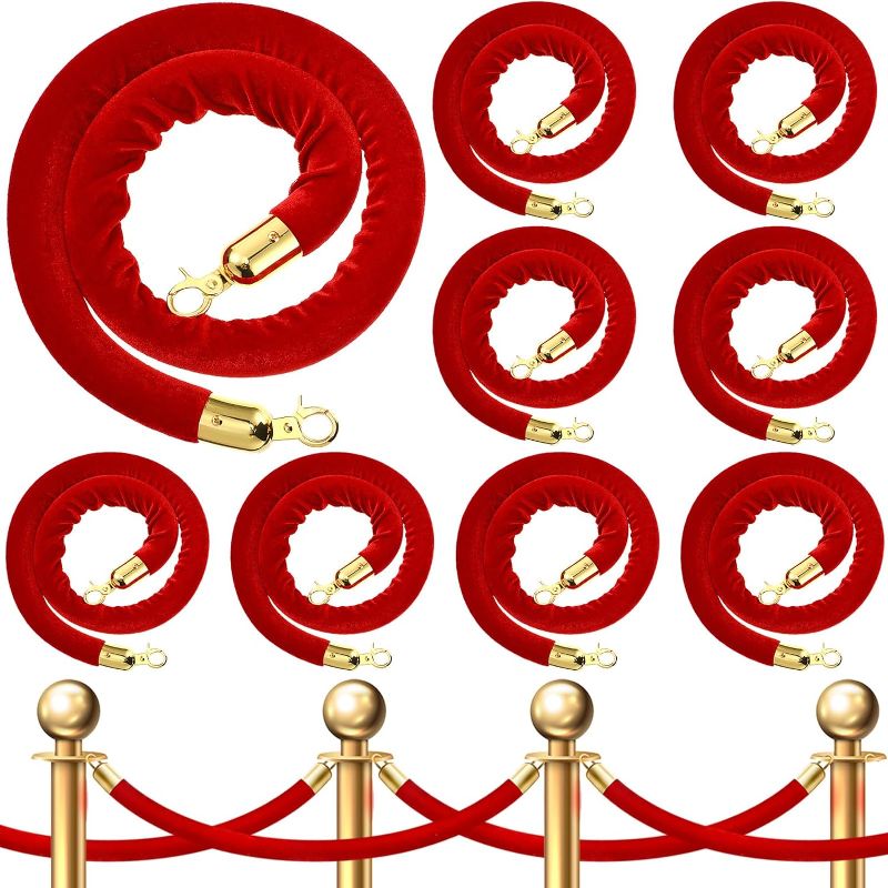 Photo 1 of 9 Pieces Velvet Stanchion Rope Bulk 4 Feet Crowd Control Barriers Safety Velvet Rope with Polished Gold Hooks for Movie Theaters Openings Hotels, Carpet, Party, Not Include Stanchion Post (Red)