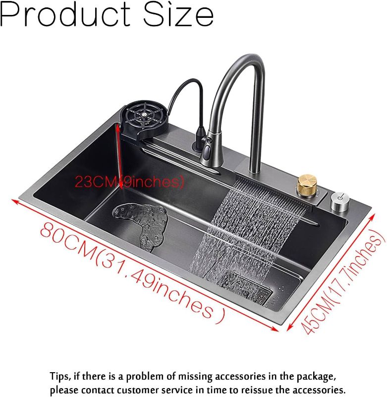 Photo 1 of  32''Waterfall Kitchen Sink Black 304 Stainless Steel Waterfall Pull-Faucet Single Bowl Bar sinks Family Kitchen Sink with Full set Accessories (31.49''x17.7'')
