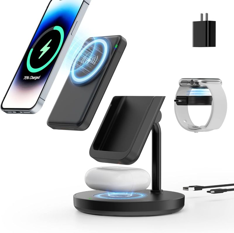 Photo 1 of Mag-Safe Wireless Charging Staion - 5 in 1 Magnetic Wireless Charger Stand with Detachable Battery Pack for iPhone 14 13 12 Pro Max Mini Plus,iWatch, AirPods, Mag Safe Charger Station with 20W Adapter