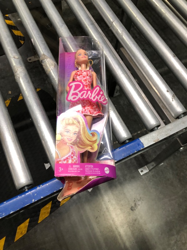 Photo 1 of Barbie Fashionistas Doll #205 with Blond Ponytail, Wearing Pink and Red Floral Dress, Platform Sandals and Hoop Earrings