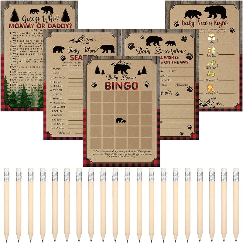 Photo 1 of 145 Pcs Baby Shower Games for Boy or Girl 5 Game Activities Cards with 20 Pencils Includes Baby Bingo, Description and Well Wishes, Guess Who, Baby Price is Right, Word Scramble Game (Lumberjack)