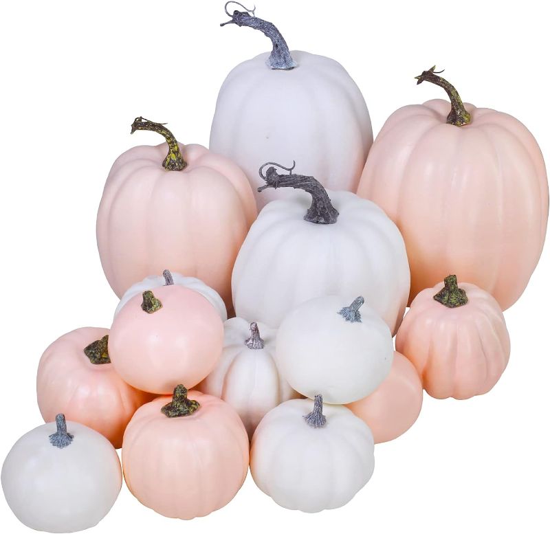 Photo 1 of 14 pcs Assorted Harvest Artificial White and Pink Pumpkins Decorative Pumpkins Faux Foam Pumpkins for Farmhouse Fall Halloween Harvest Wedding Baby Shower Tabletop Centerpiece Mantel Kitchen Decor