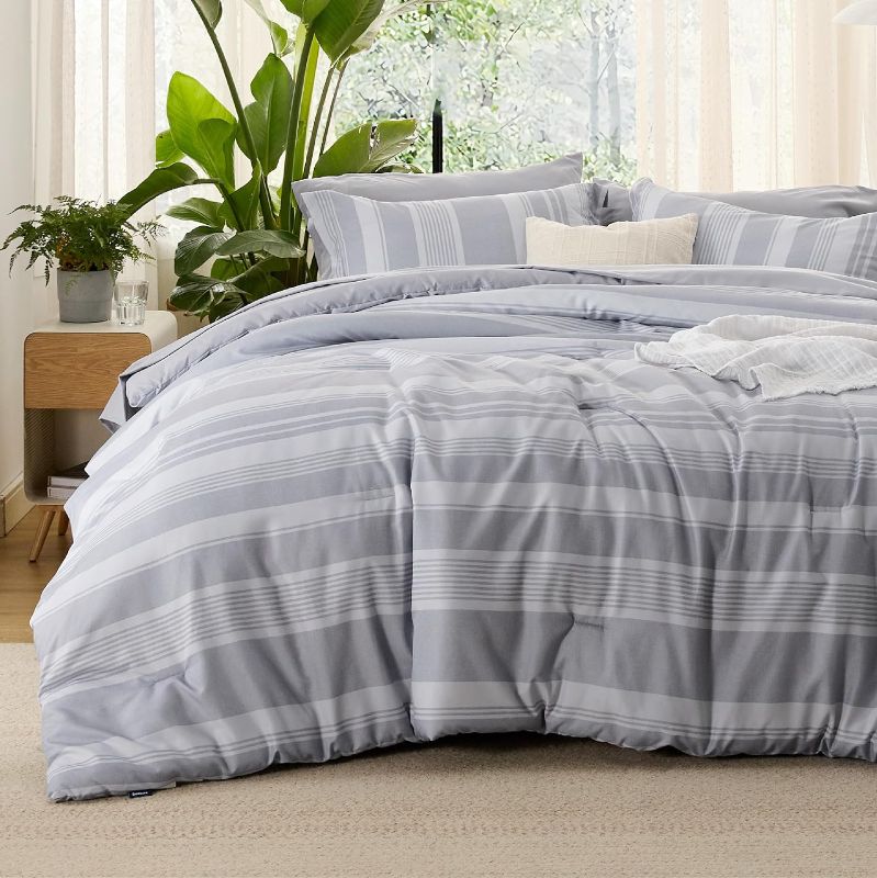 Photo 1 of  Bedding Sets Queen, Grey Queen Comforter Sets with Neutral Rustic Style Stripes, Boho Bedroom Bed Sets