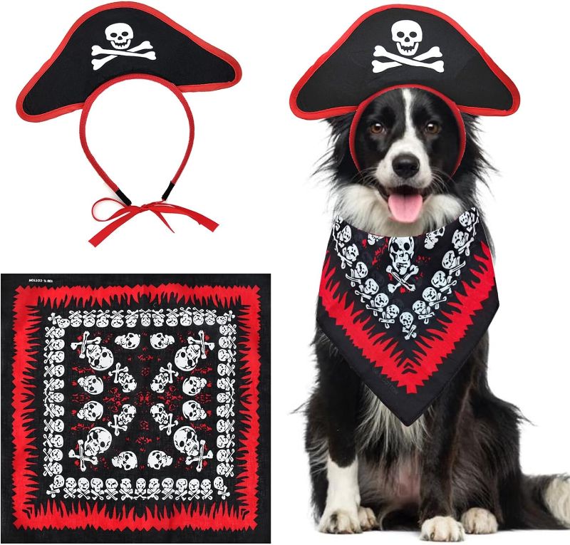 Photo 1 of 2PCS Pet Pirate Costume Halloween Dog Costume Skull Bandana Pirate Hat Headband Puppy Captain Cap Pirates of The Caribbean Style Clothes Funny Halloween Outfits Accessories for Medium Large Dogs