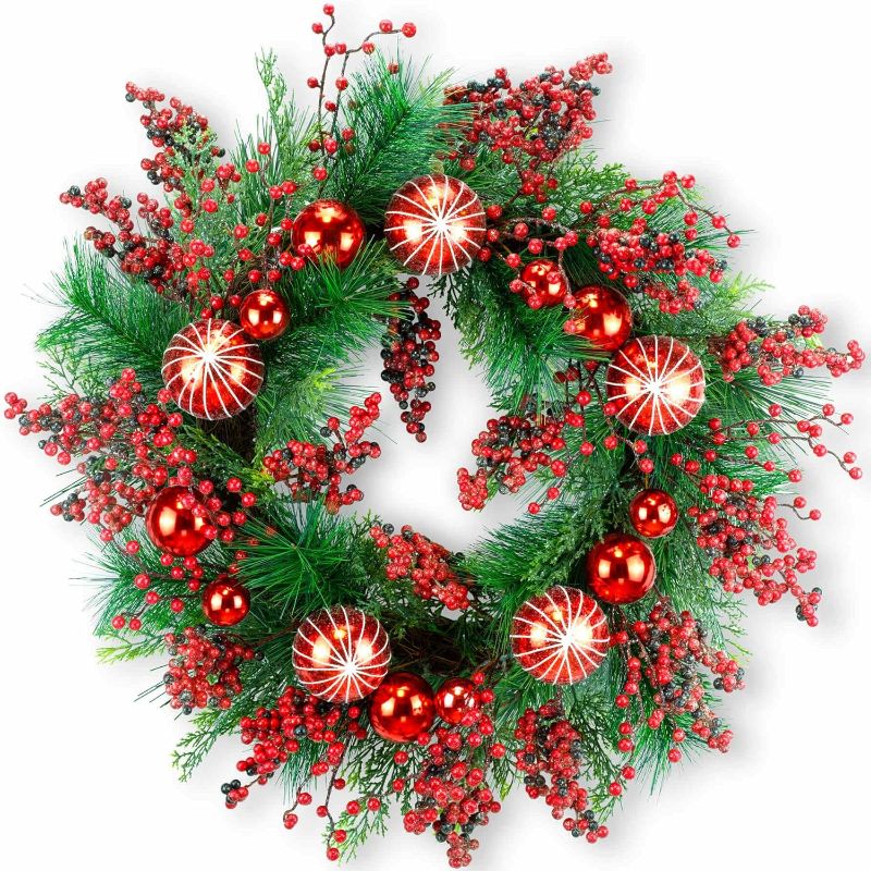 Photo 1 of 24" Red Berries Christmas Wreath, Artificial Holiday Wreath with Red & Purple Frosted Berries, Red Baubles, Green Leyland Cypress Branches & Pine Needles (Red Berries)