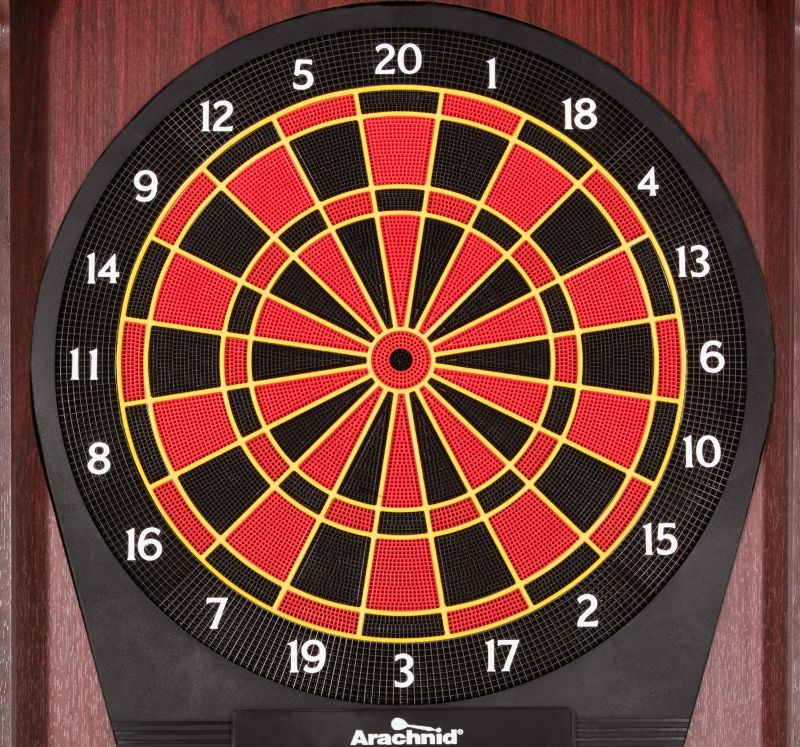 Photo 1 of Arachnid Cricket Pro 800 Standing Electronic Dartboard Cabinet with Cherry Finish, Regulation 15.5 In. Target Area, 8-Player Score Display and 39 Games
