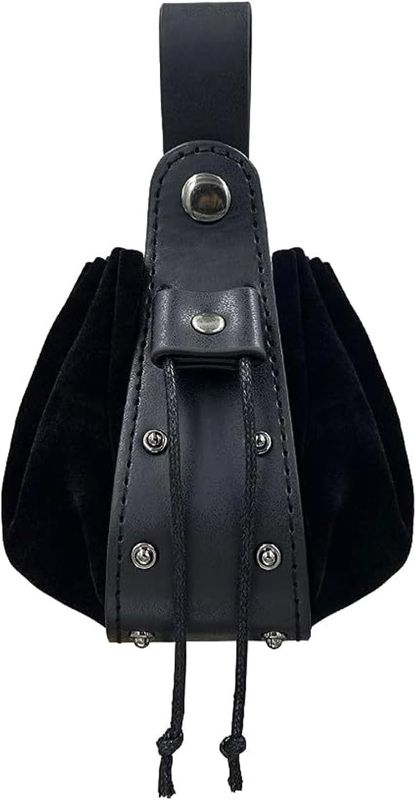 Photo 1 of BDHRKTE 1 Pcs Portable Drawstring Purse, Medieval Faux Leather Pouch,Vintage Belt Pouch Dice Bag for Men Women Costume Accessories (black)