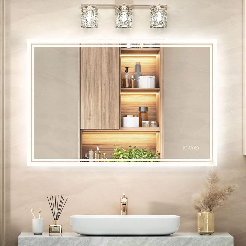 Photo 1 of ANTEN 36" X 28" LED Mirror for Bathroom, Anti-Fog Bathroom Vanity Mirror with Lights, Shatter-Proof, 3000-6000K, Stepless Dimmable LED Lighted Mirror, Bathroom Mirrors for Wall, Horizontal & Vertical