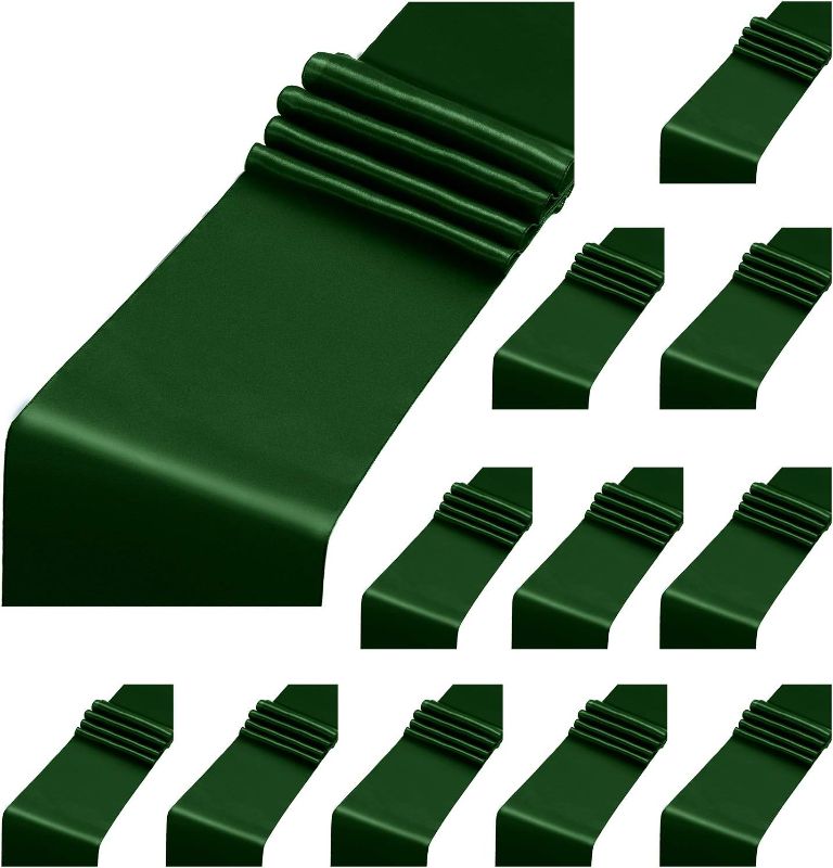 Photo 1 of Aneco 12 Pack Satin Table Runner 12 x 108 Inch Forest Green Long Wedding Satin Silk Table Runner for Wedding Banquet Graduations Birthday Party Decoration