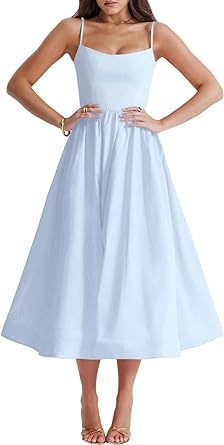 Photo 1 of Vrtige Women's Spaghetti Strap High Waist Sleeveless Flowy Hem A Line Midi Dress light blue 