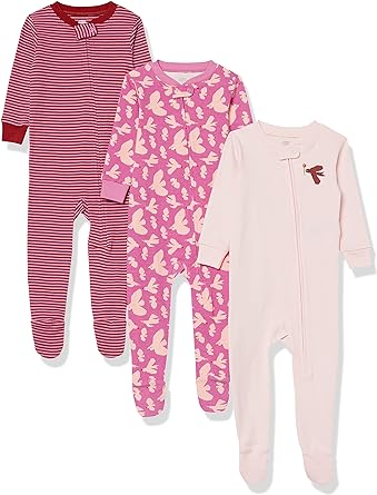 Photo 1 of Amazon Essentials Toddlers and Baby Girls' Snug-Fit Cotton Footed Sleeper Pajamas, Multipacks 12 months