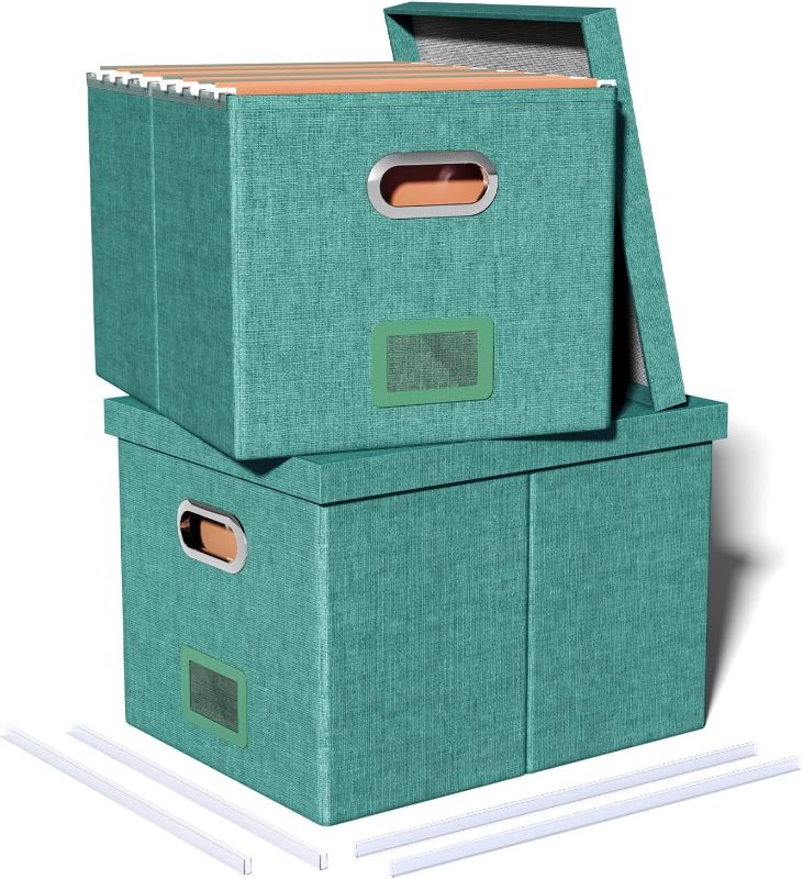 Photo 1 of 2 Pack File Storage Organizer Box,Filing Box,Portable File Box with Lid,Fit for Letter/Legal File Folder Storage,Forest-green-Box only
