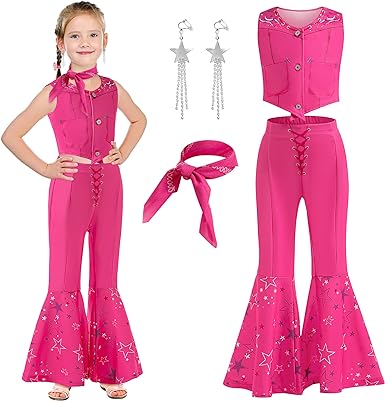 Photo 1 of TSCMRCDC Pink Cowgirl Costume for Girls Movie Cosplay Outfit Pink Plaid Dress for Kids and Women Birthday Party Dress Up