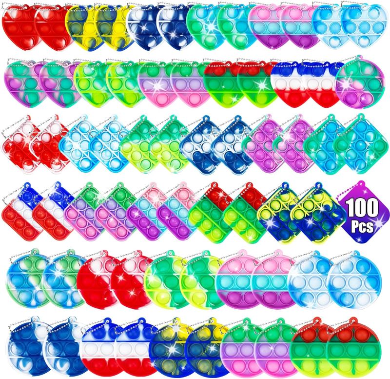 Photo 1 of 100 Pack Min Pop Keychain, Bubble Pop Fidget Sensory Toys for Kids, Anti-Anxiety Stress Relief for Adults, Classroom Prizes, Party Favors, for Girls Boys