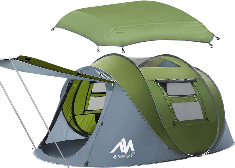 Photo 1 of 4 Person Pop Up Tents for Camping - AYAMAYA Waterproof Instant Family Tents with Skylight & Removable Rainfly, Upgraded Large Size with 2 Doors -Automatic Easy Setup Beach Tent with Poles
