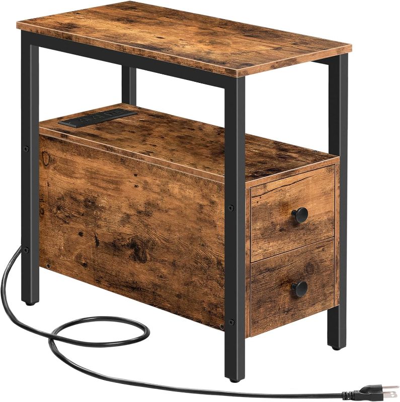Photo 1 of HOOBRO End Table with Charging Station, Narrow Side Table with 2 Drawer & USB Ports & Power Outlets, Nightstand for Small Spaces, for Living Room, Bedroom, Rustic Brown and Black BF541BZ01