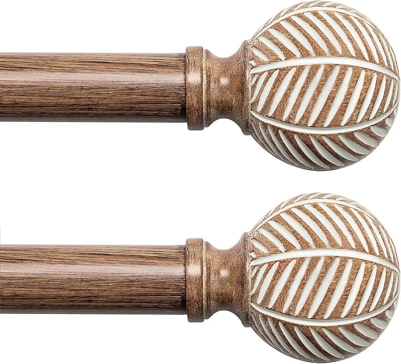 Photo 1 of Wood Curtain Rods for Windows: 1 Inch Diameter Adjustable Drapery Rods 48" to 86", Decorative Window Curtain Rods with Imitation Wood Grain Leaf Pattern Finials,Heavy Duty Single Curtain Rods for Bedroom Kitchen Window Office (48"-86", Brown) 48"-86" Brow