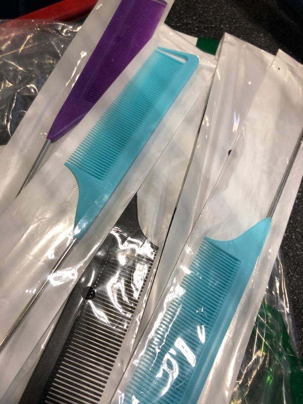 Photo 3 of 6 Pack 8' Triple Teasing Combs For Women Fine Hair,Rat Tail Combs For Girls And Men,Hair Styling For Salon Tail With Steel Needle( purple Colors)