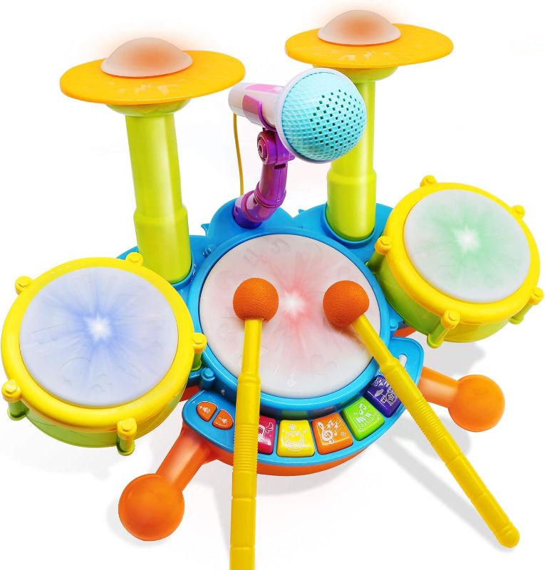 Photo 1 of Drum Set for Kids with 2 Drum Sticks and Microphone, Musical Toys Gift for Toddlers…
missing drumsticks
