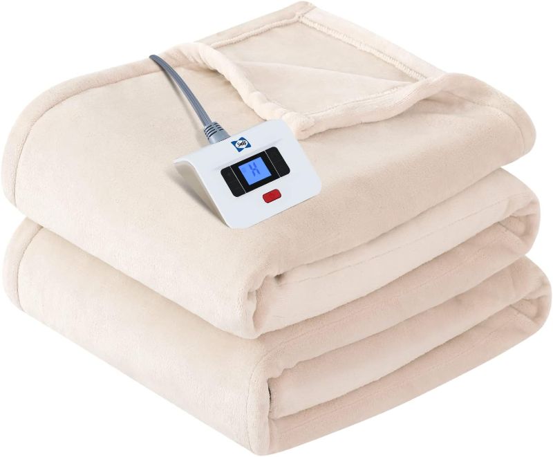 Photo 1 of SEALY Electric Blanket Full Size, Flannel Heated Blanket with 10 Heating Levels & 1-12 Hours Auto Shut Off, Fast Heating Warm Blanket, Machine Washable, Beige, 80 x 84 Inch
