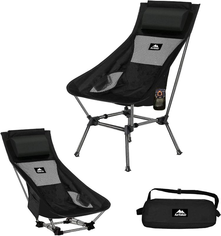 Photo 1 of AnYoker Camping Chair, 2 Way Compact Backpacking Chair, Portable Folding Chair, Beach Chair with Side Pocket and headrest, Lightweight Hiking Chair 0166WB ?Black?2 pc
