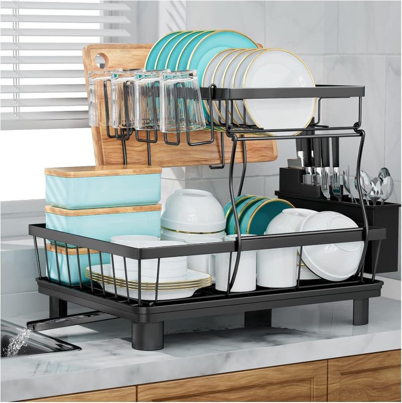 Photo 1 of 7 code Large Dish Drying Rack for Kitchen Counter, Detachable Large Capacity Dish Drainer Organizer with Utensil Holder, 2-Tier Dish Drying Rack with Drain Board, Black
