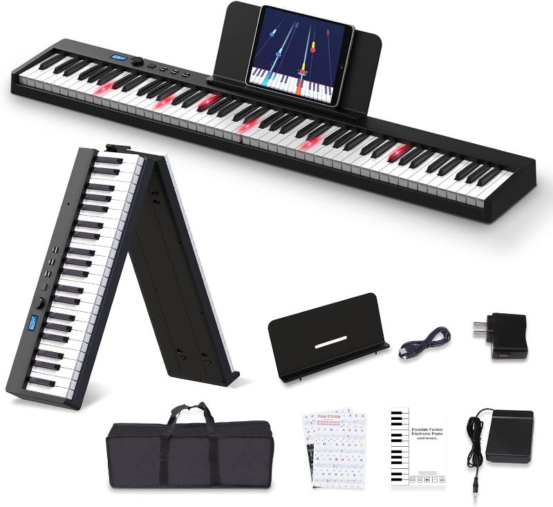 Photo 1 of KONIX Folding Piano Keyboard, 88 Keys Full Size Semi-Weighted Foldable Piano, Portable Electric Keyboard Piano with Light Up Key, Sustain Pedal, Piano Stickers, Sheet Music Stand and Piano Bag, Black
